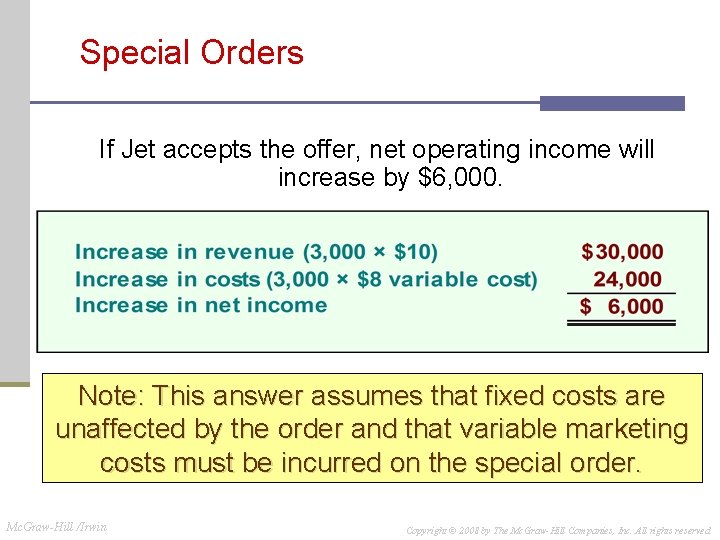 Special Orders If Jet accepts the offer, net operating income will increase by $6, Special Orders If Jet accepts the offer, net operating income will increase by $6,
