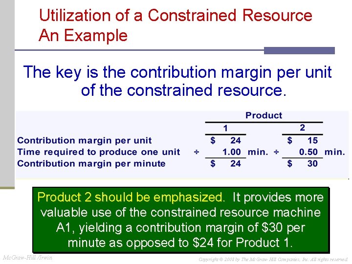 Utilization of a Constrained Resource An Example The key is the contribution margin per Utilization of a Constrained Resource An Example The key is the contribution margin per