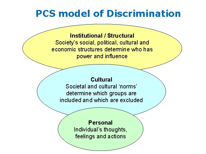 PCS model of Discrimination Institutional / Structural Society’s social, political, cultural and economic structures