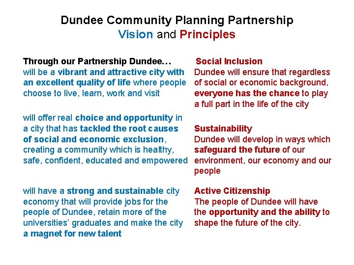 Dundee Community Planning Partnership Vision and Principles Through our Partnership Dundee… will be a