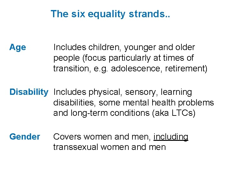The six equality strands. . Age Includes children, younger and older people (focus particularly