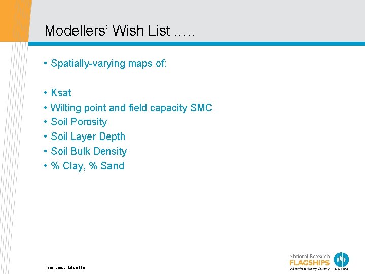 Modellers’ Wish List …. . • Spatially-varying maps of: • • • Ksat Wilting