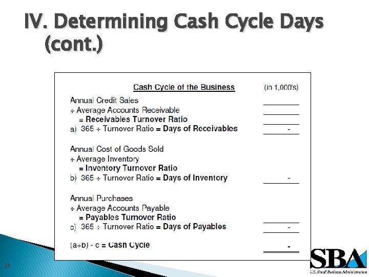 IV. Determining Cash Cycle Days (cont. ) 21 