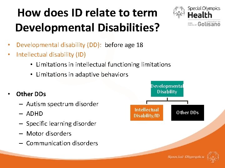 How does ID relate to term Developmental Disabilities? • Developmental disability (DD): before age
