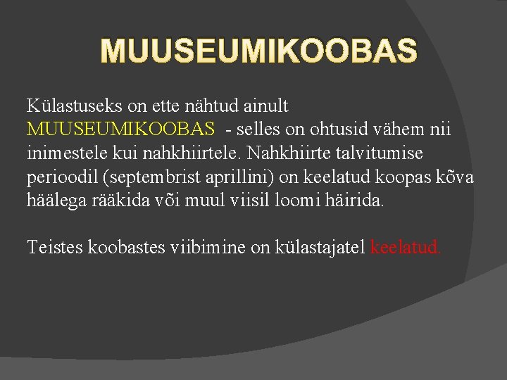 MUUSEUMIKOOBAS Külastuseks on ette nähtud ainult MUUSEUMIKOOBAS - selles on ohtusid vähem nii inimestele