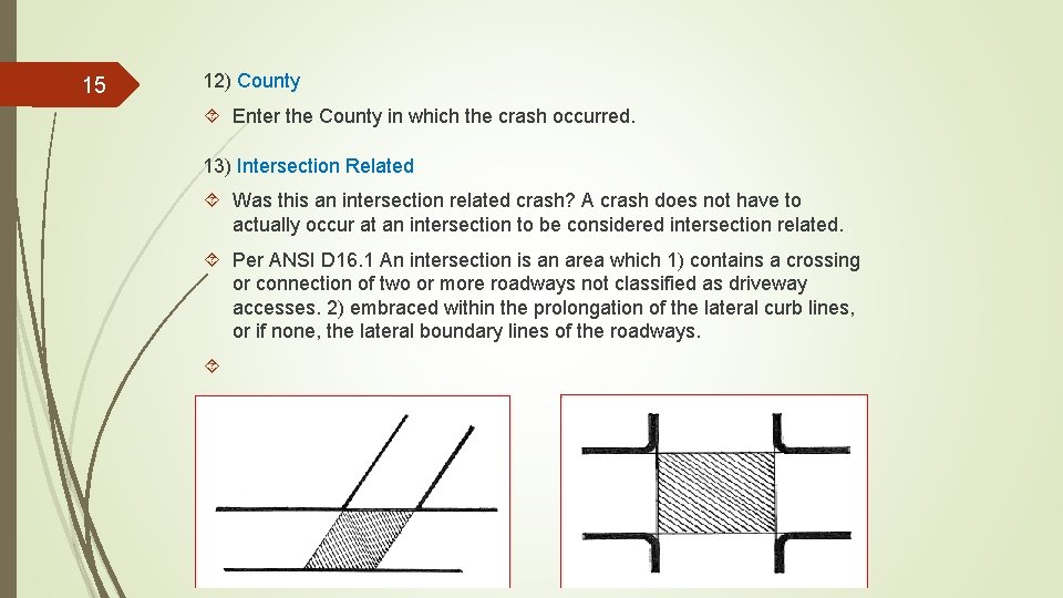 15 12) County Enter the County in which the crash occurred. 13) Intersection Related