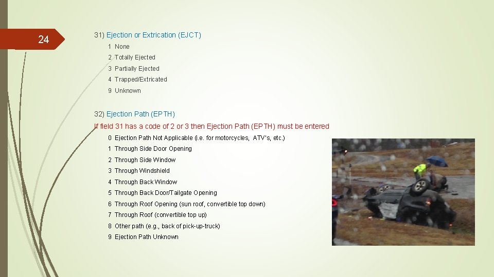 24 31) Ejection or Extrication (EJCT) 1 None 2 Totally Ejected 3 Partially Ejected