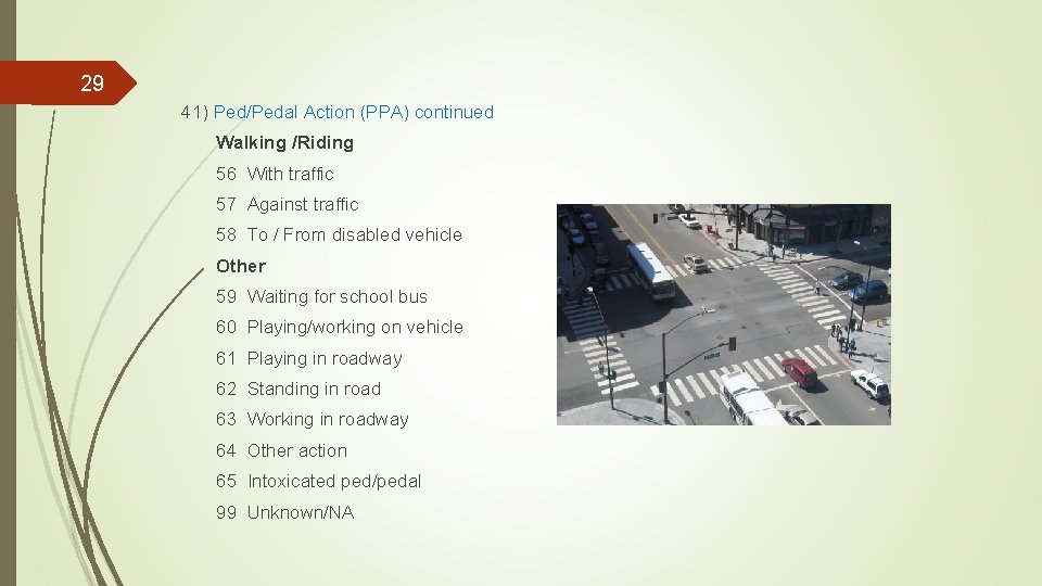 29 41) Ped/Pedal Action (PPA) continued Walking /Riding 56 With traffic 57 Against traffic