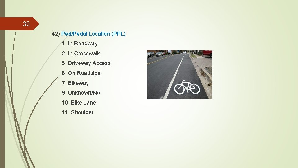 30 42) Ped/Pedal Location (PPL) 1 In Roadway 2 In Crosswalk 5 Driveway Access