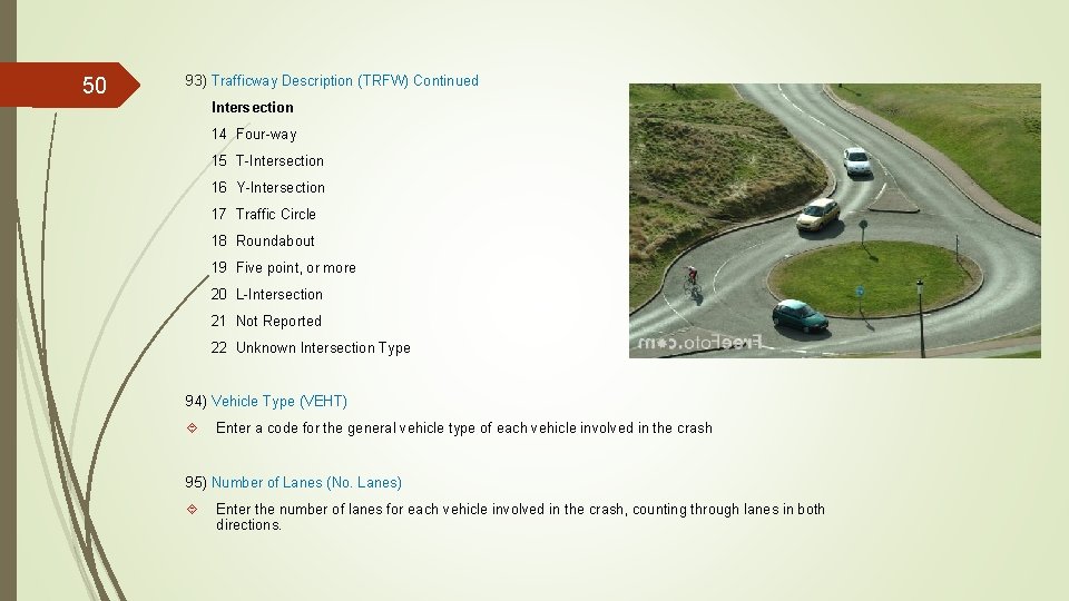 50 93) Trafficway Description (TRFW) Continued Intersection 14 Four-way 15 T-Intersection 16 Y-Intersection 17