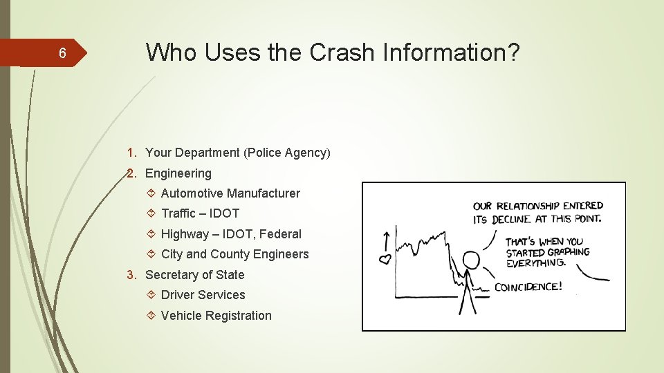 6 Who Uses the Crash Information? 1. Your Department (Police Agency) 2. Engineering Automotive