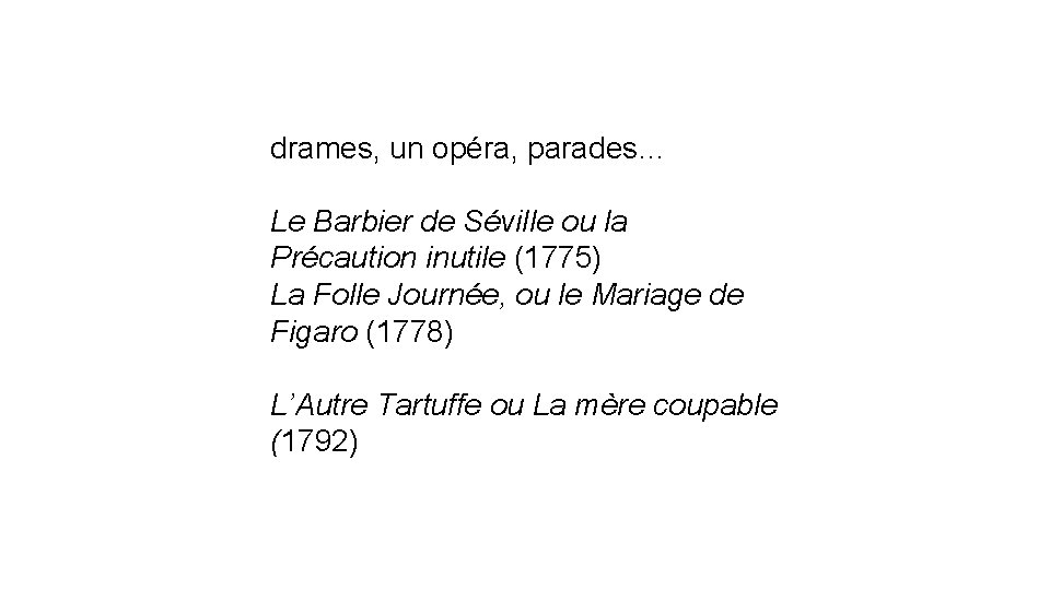 drames, un opéra, parades… Le Barbier de Séville ou la Précaution inutile (1775) La