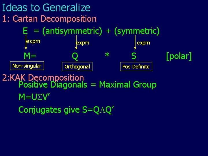 Ideas to Generalize 1: Cartan Decomposition E = (antisymmetric) + (symmetric) expm M= Non-singular