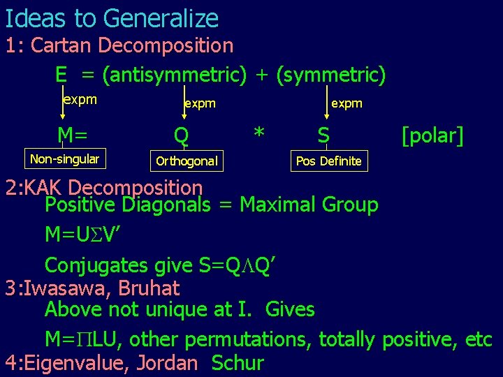 Ideas to Generalize 1: Cartan Decomposition E = (antisymmetric) + (symmetric) expm M= Non-singular