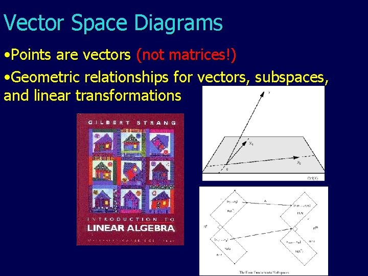 Vector Space Diagrams • Points are vectors (not matrices!) • Geometric relationships for vectors,