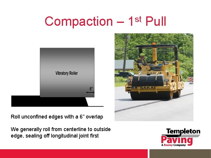 Compaction – Roll unconfined edges with a 6” overlap We generally roll from centerline