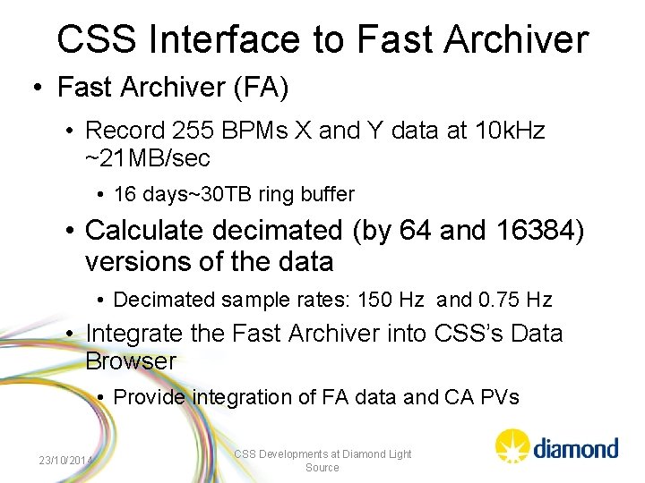CSS Interface to Fast Archiver • Fast Archiver (FA) • Record 255 BPMs X