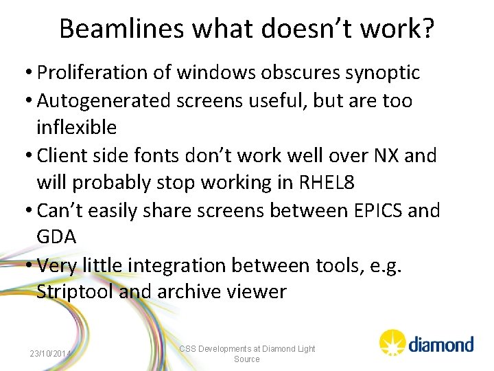 Beamlines what doesn’t work? • Proliferation of windows obscures synoptic • Autogenerated screens useful,