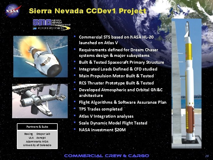 Sierra Nevada CCDev 1 Project • • Partners & Subs Boeing Draper Lab ULA