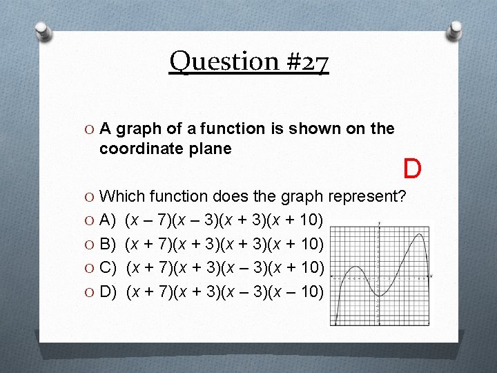 Question #27 O A graph of a function is shown on the coordinate plane