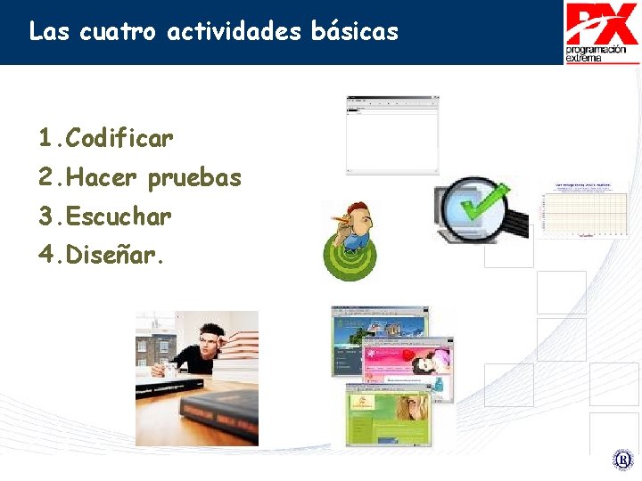 Las cuatro actividades básicas 1. Codificar 2. Hacer pruebas 3. Escuchar 4. Diseñar. 