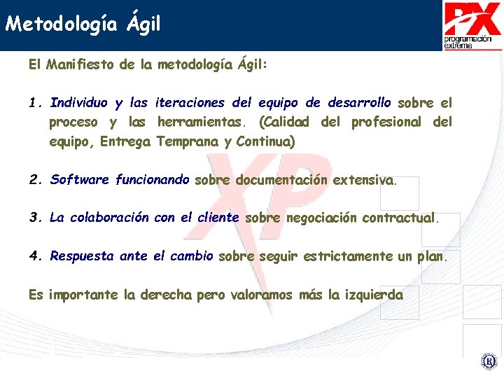 Metodología Ágil El Manifiesto de la metodología Ágil: 1. Individuo y las iteraciones del