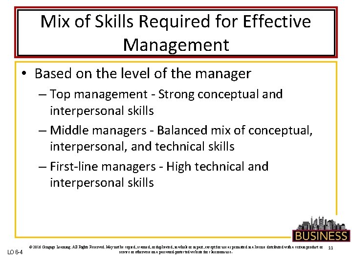 Mix of Skills Required for Effective Management • Based on the level of the