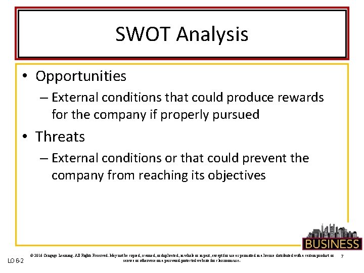 SWOT Analysis • Opportunities – External conditions that could produce rewards for the company