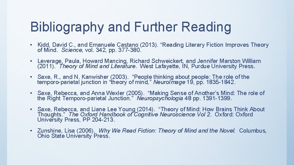 Bibliography and Further Reading • Kidd, David C. , and Emanuele Castano (2013). “Reading