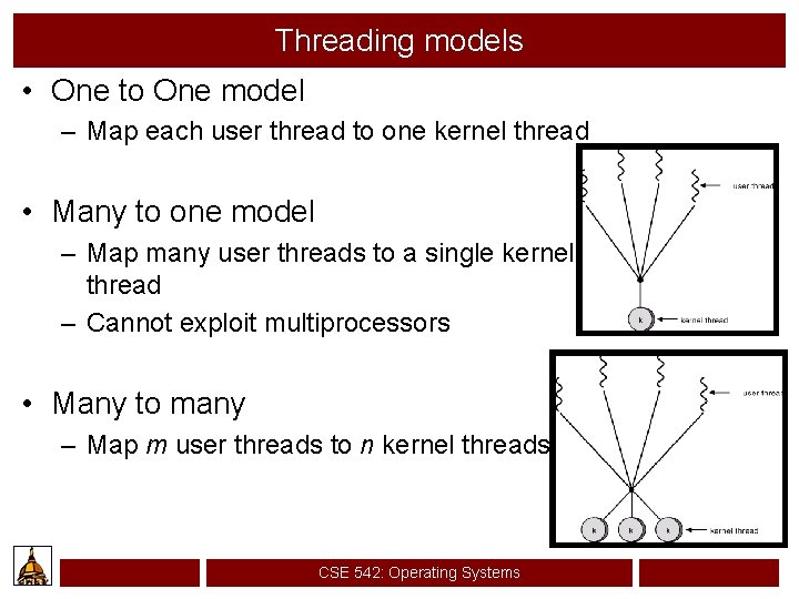 Threading models • One to One model – Map each user thread to one