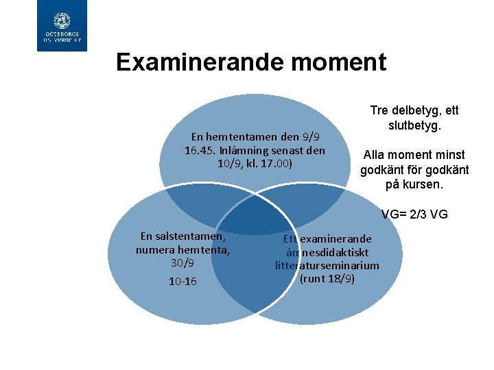  Examinerande moment En hemtentamen den 9/9 16. 45. Inlämning senast den 10/9, kl.