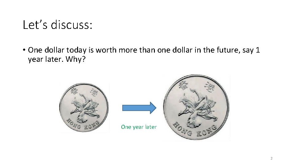 Let’s discuss: • One dollar today is worth more than one dollar in the