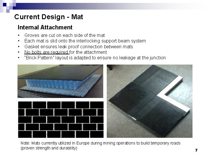 Current Design - Mat Internal Attachment • • • Groves are cut on each
