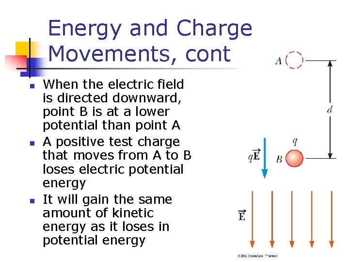 Energy and Charge Movements, cont n n n When the electric field is directed