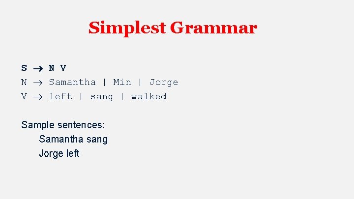 Simplest Grammar S N V N Samantha | Min | Jorge V left |