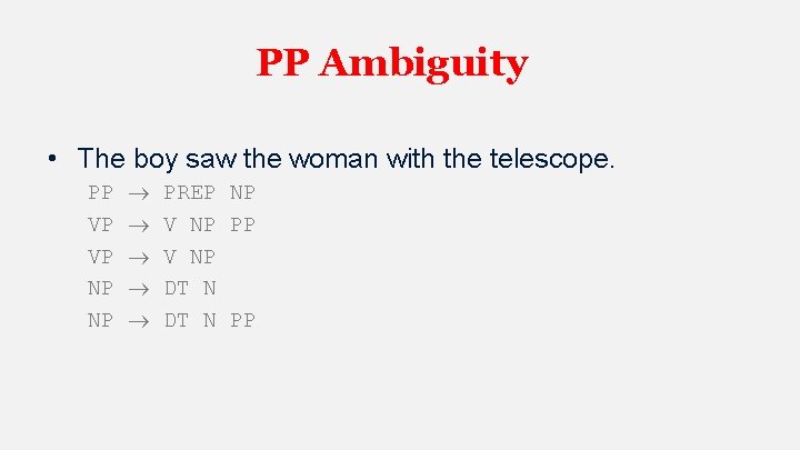 PP Ambiguity • The boy saw the woman with the telescope. PP VP VP