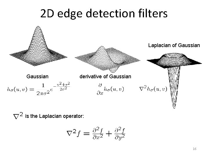 2 D edge detection filters Laplacian of Gaussian derivative of Gaussian is the Laplacian