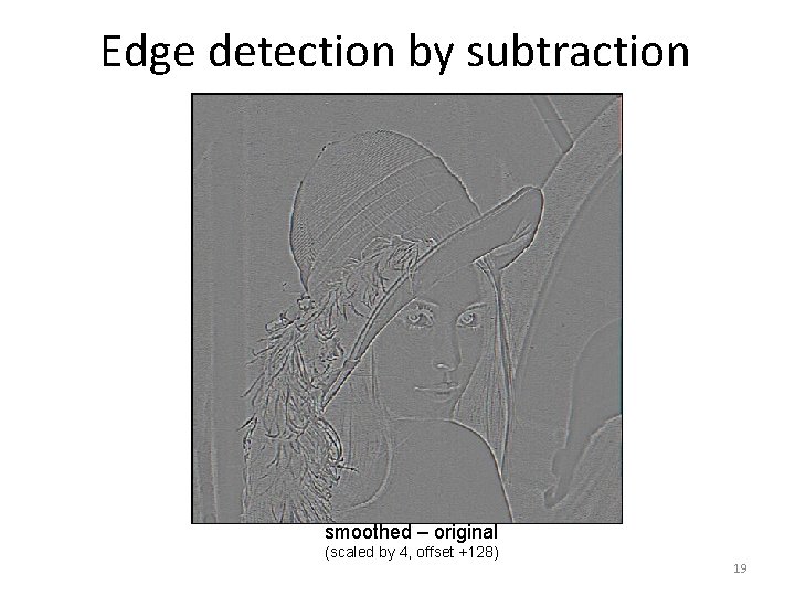 Edge detection by subtraction smoothed – original (scaled by 4, offset +128) 19 