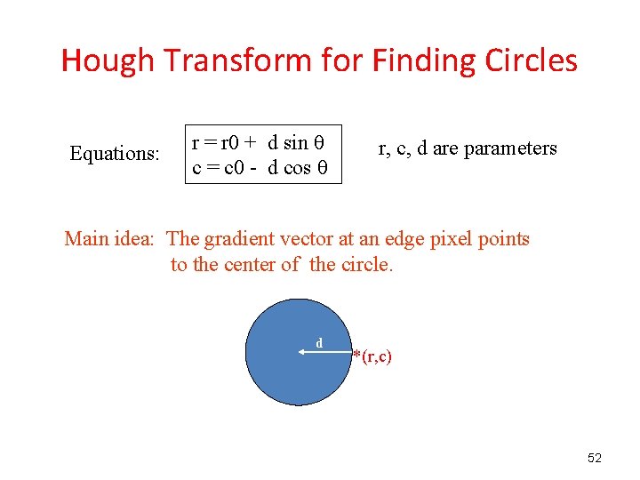 Hough Transform for Finding Circles Equations: r = r 0 + d sin c