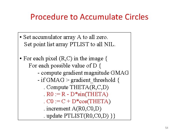 Procedure to Accumulate Circles • Set accumulator array A to all zero. Set point