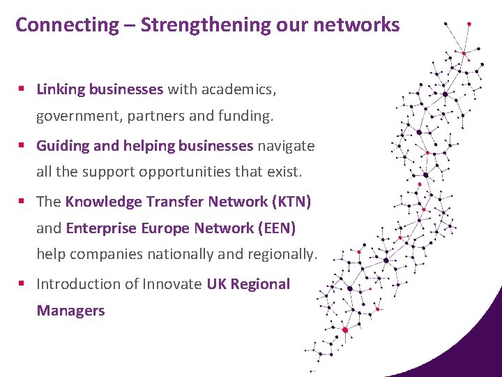 Connecting – Strengthening our networks § Linking businesses with academics, government, partners and funding.