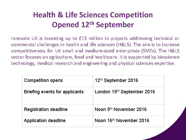 Health & Life Sciences Competition Opened 12 th September Innovate UK is investing up