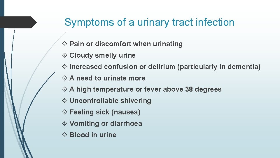 Symptoms of a urinary tract infection Pain or discomfort when urinating Cloudy smelly urine