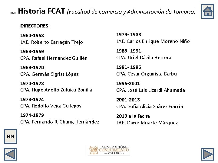 … Historia FCAT (Facultad de Comercio y Administración de Tampico) DIRECTORES: FIN 1960 -1968