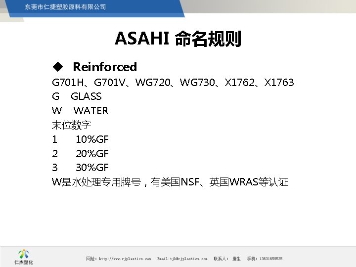 ASAHI 命名规则 u Reinforced G 701 H、G 701 V、WG 720、WG 730、X 1762、X 1763 G