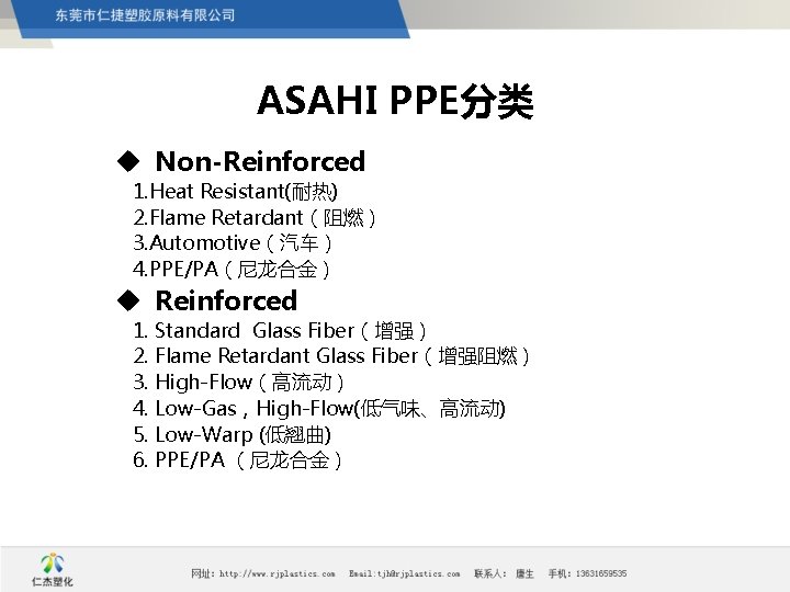 ASAHI PPE分类 u Non-Reinforced 1. Heat Resistant(耐热) 2. Flame Retardant（阻燃） 3. Automotive（汽车） 4. PPE/PA（尼龙合金）