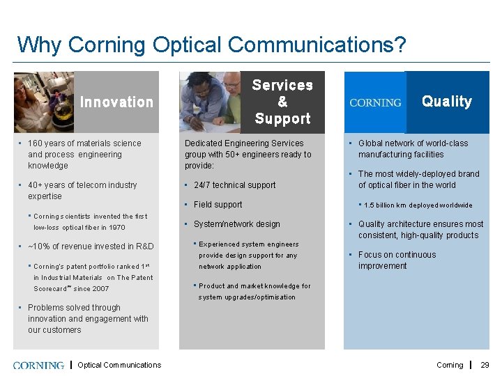 Why Corning Optical Communications? Services & Support Innovation • 160 years of materials science