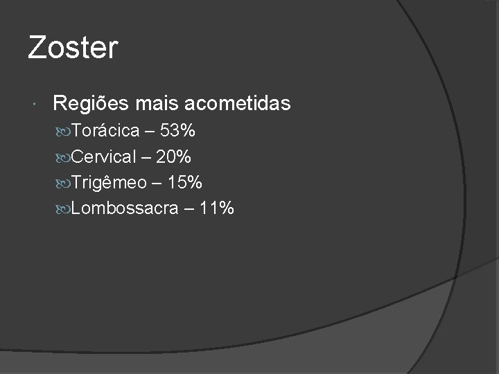 Zoster Regiões mais acometidas Torácica – 53% Cervical – 20% Trigêmeo – 15% Lombossacra