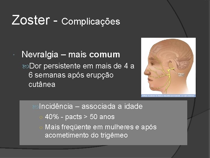 Zoster - Complicações Nevralgia – mais comum Dor persistente em mais de 4 a