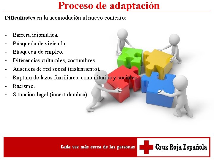 Proceso de adaptación Dificultades en la acomodación al nuevo contexto: - Barrera idiomática. Búsqueda